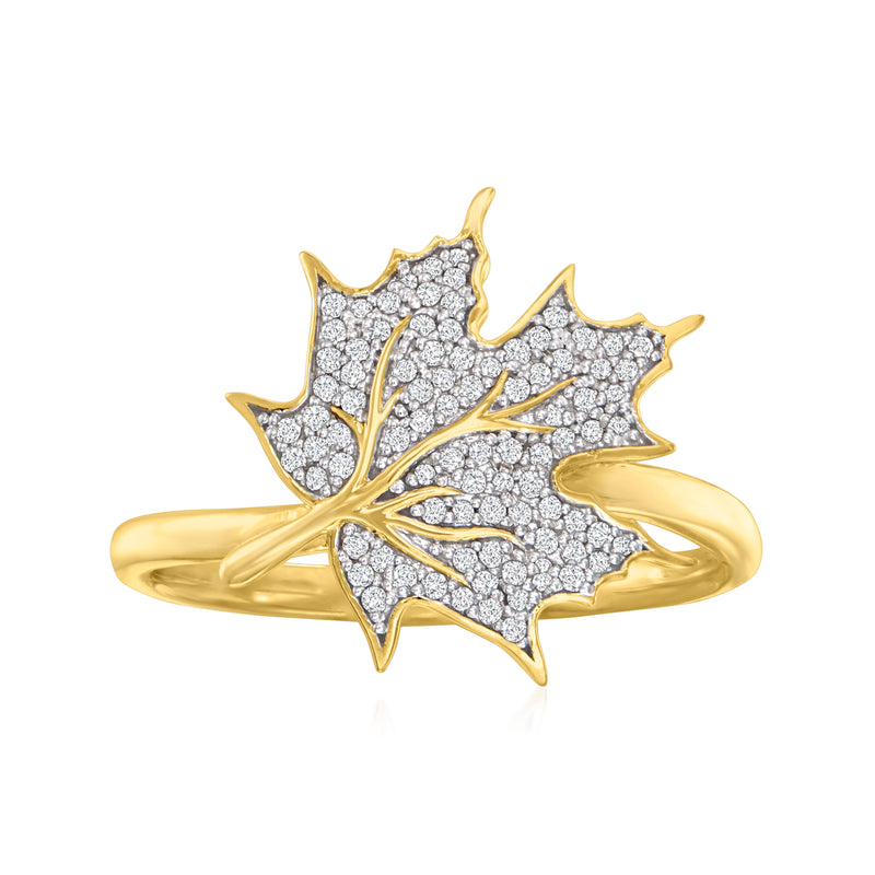 Gold over sterling diamond leaf ring with pave-style stone cluster, 18kt look