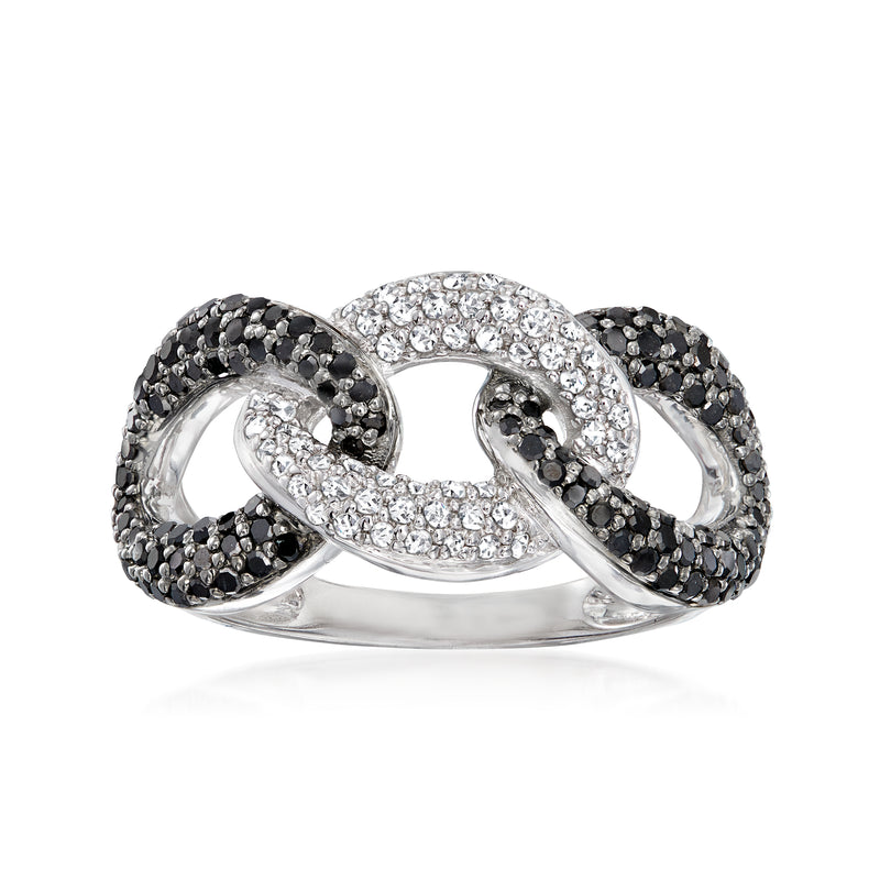 Sterling silver diamond ring with black and white stones in an interlocking band design
