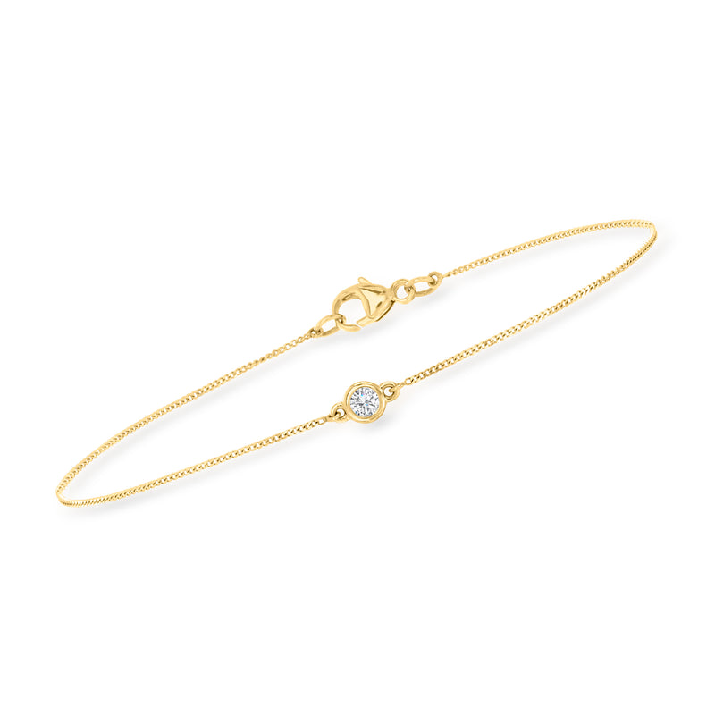 14kt yellow gold diamond bracelet with round bezel-set stone and double-link chain