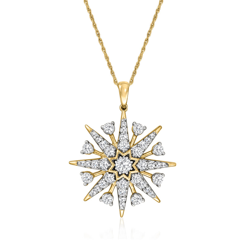14kt yellow gold diamond starburst pendant necklace with round-cut diamond centerpiece