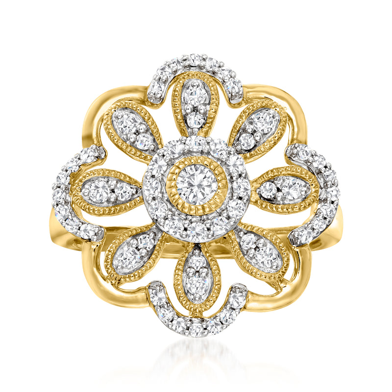 18kt gold over sterling diamond floral ring with oval halo and round center