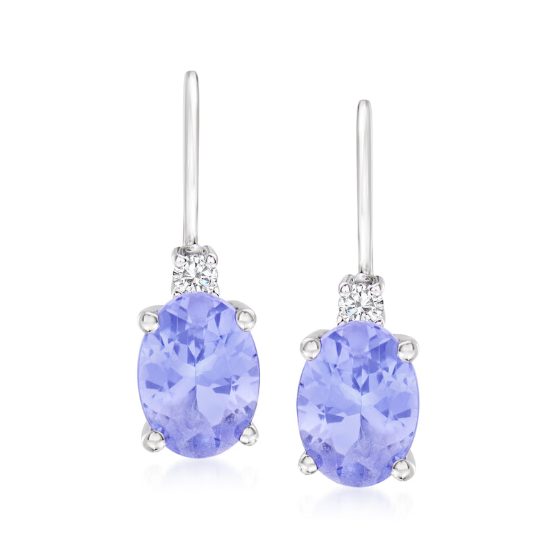 Oval blue gemstone drop earrings in 14kt white gold with diamond accents, leverback.