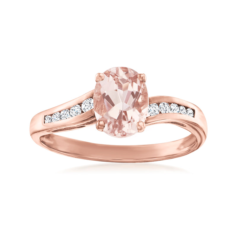 14k rose gold ring with oval morganite center stone and small round diamond accents