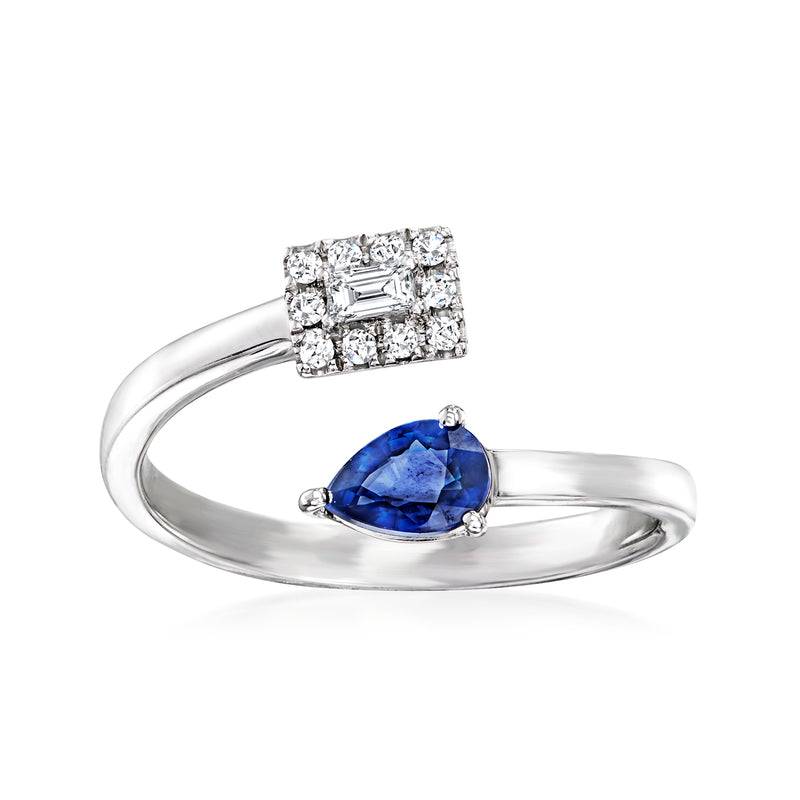 14kt white gold bypass ring with oval blue sapphire and square diamond halo accents