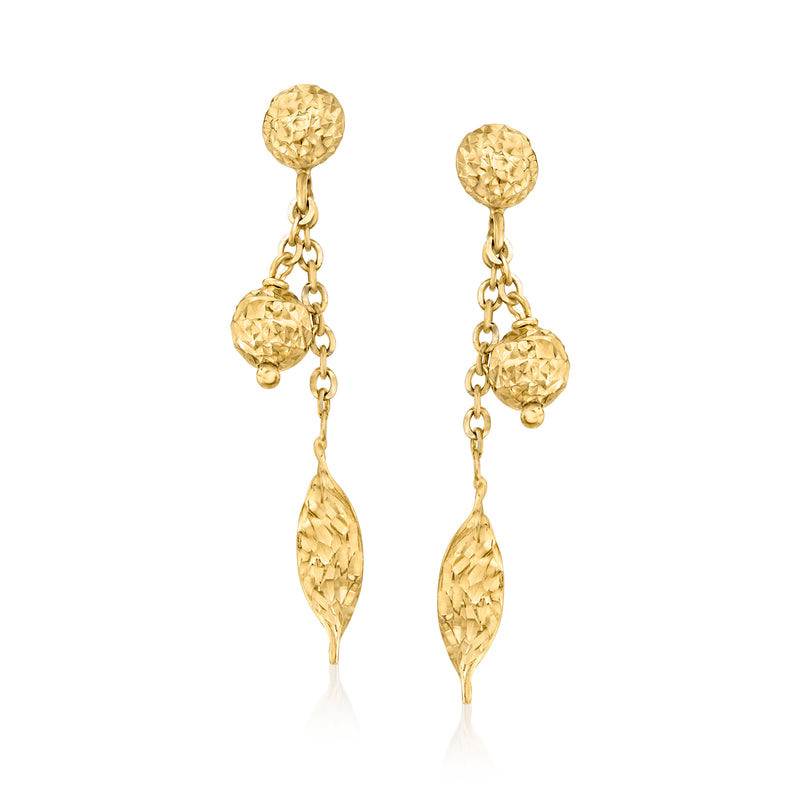 18kt yellow gold textured bead drop earrings with linked dangles and elongated charm