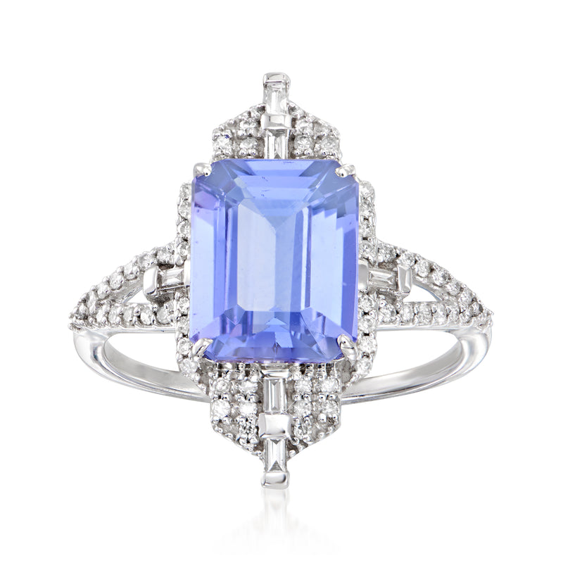 14kt white gold tanzanite ring with emerald-cut center stone and diamond accents