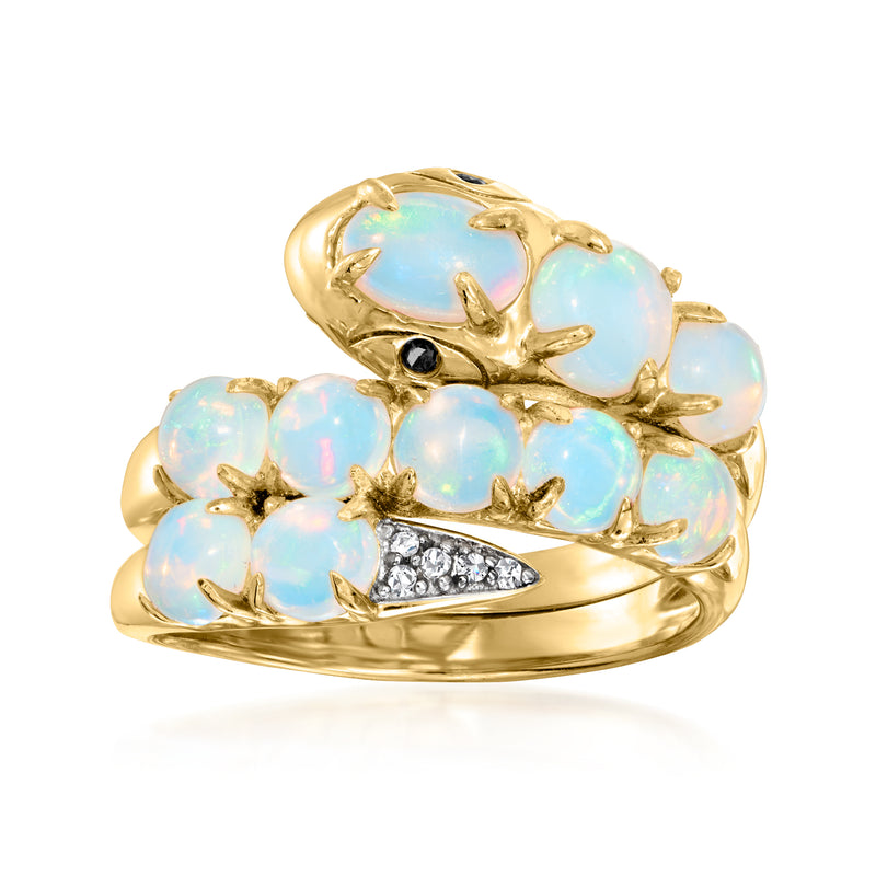 Gold snake ring with opal cabochons and diamond accents
