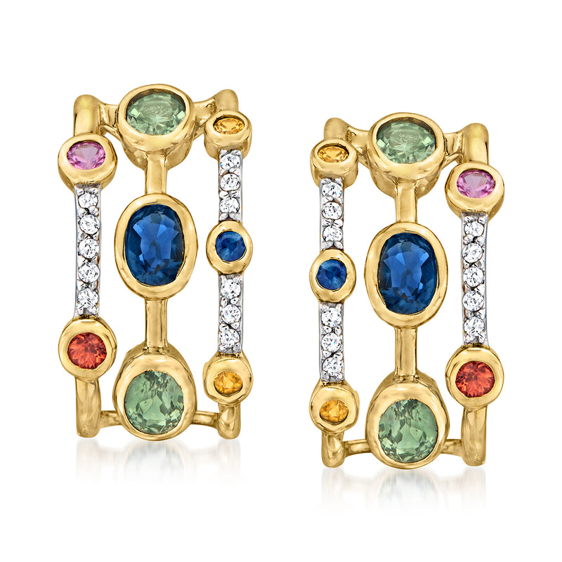 14kt yellow gold hoop earrings with oval green, blue, purple, red sapphires and diamonds