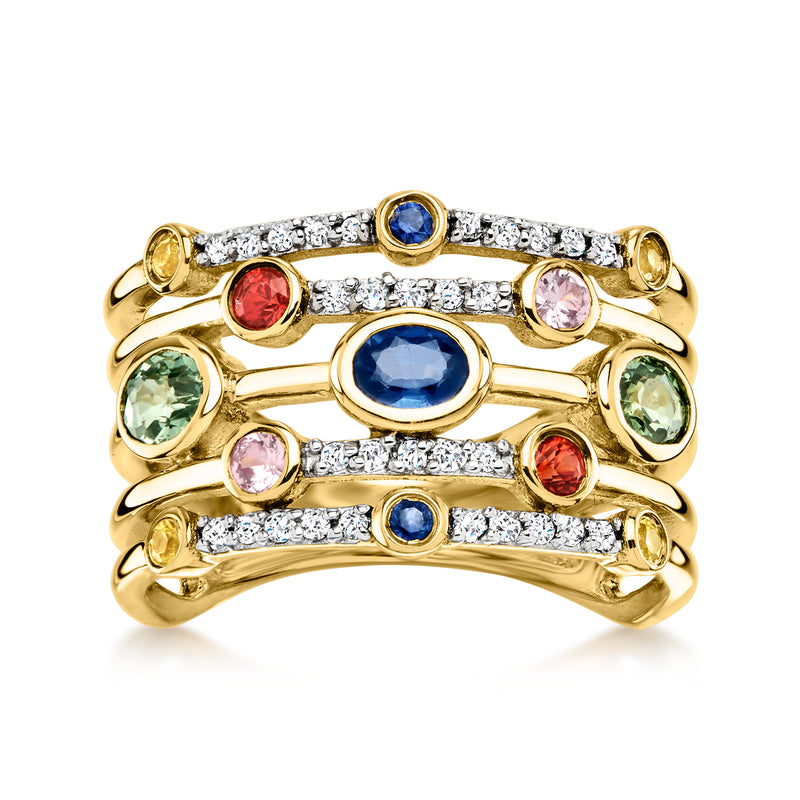 14kt yellow gold multicolored sapphire and diamond ring with round blue center stone