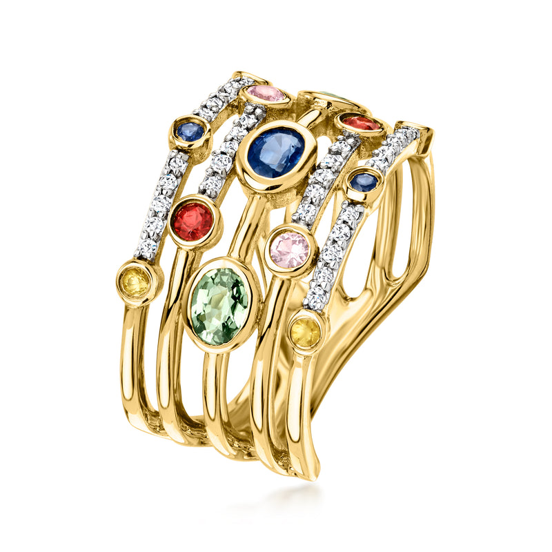 14kt yellow gold stacking-style ring with blue, green, pink sapphires and diamond accents