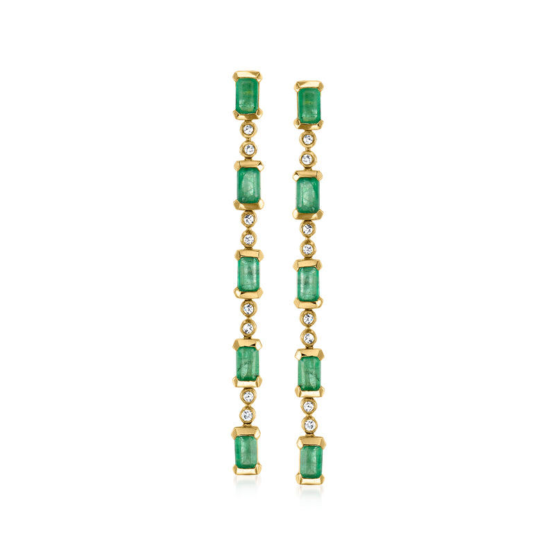 14kt yellow gold drop earrings with green emerald rectangles and diamond accents