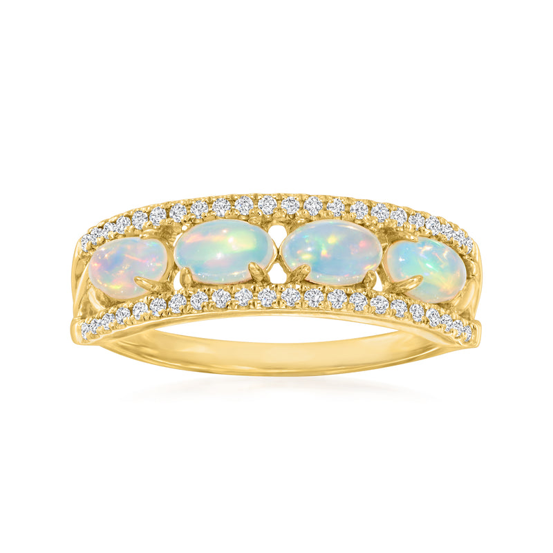 14kt yellow gold ring with three opal cabochons and diamond pave band