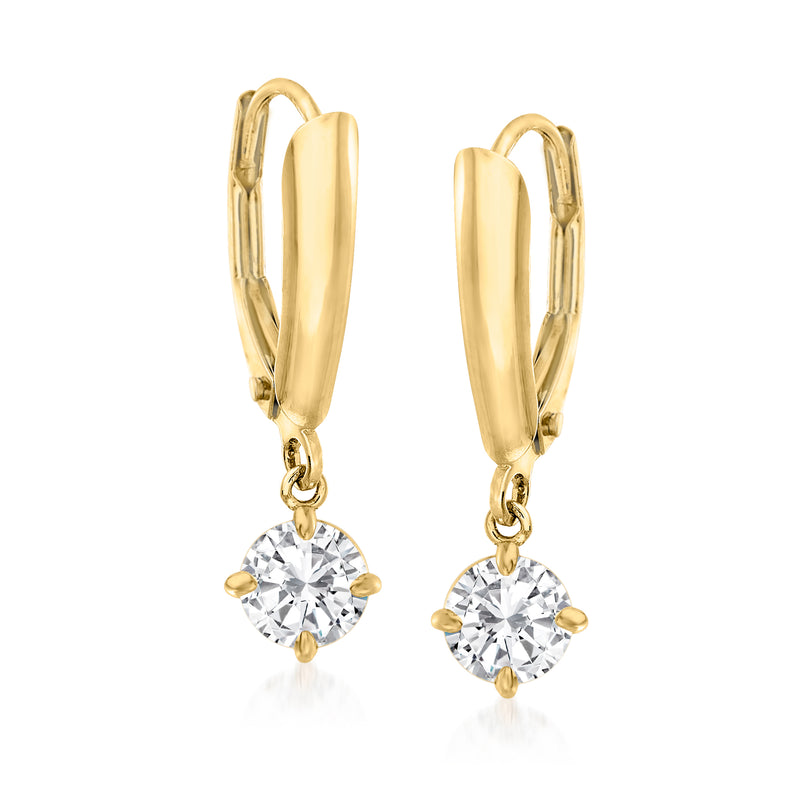 14kt yellow gold diamond drop earrings, round stone with leverback closures