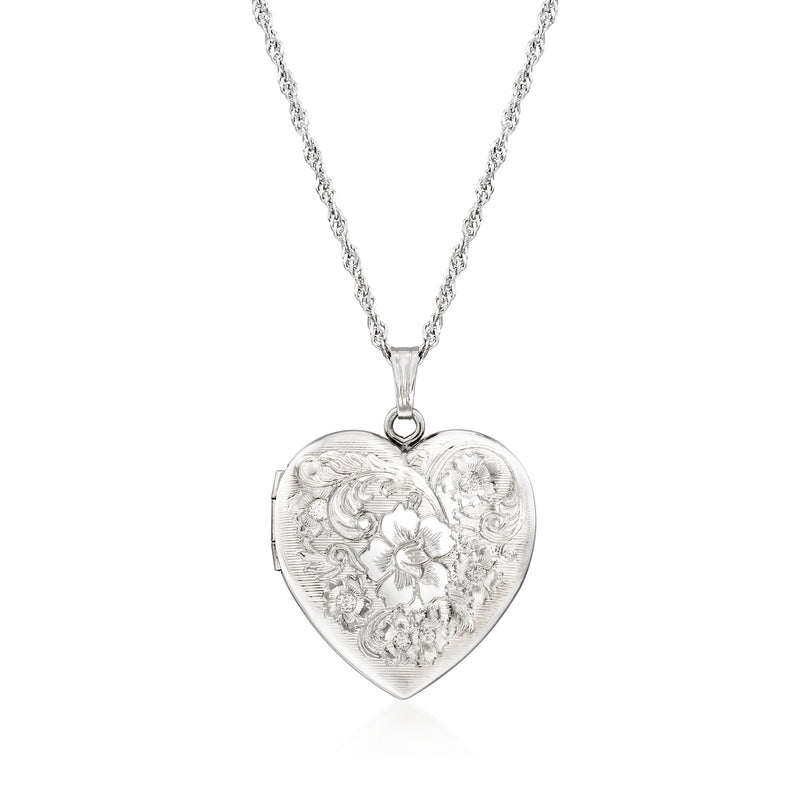 Sterling silver heart locket with engraved floral design, hinged keepsake pendant
