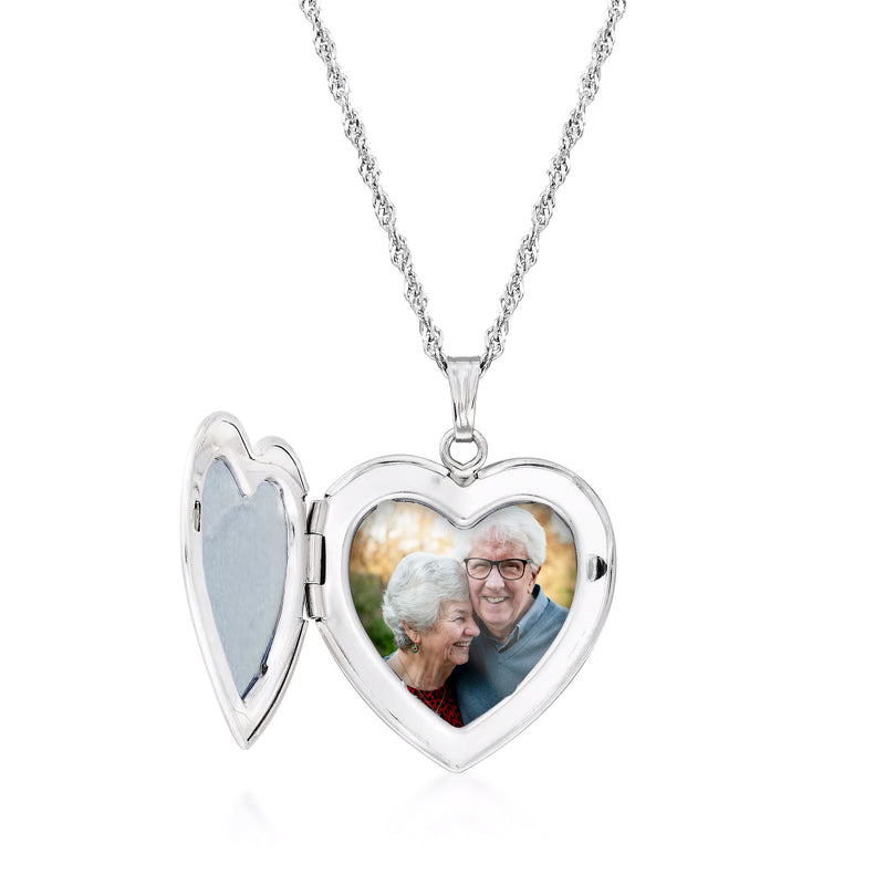 Sterling silver open heart locket with inset photo of two people, hinged pendant