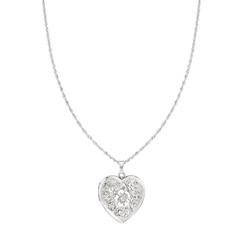 Sterling silver heart locket pendant with engraved floral pattern on front