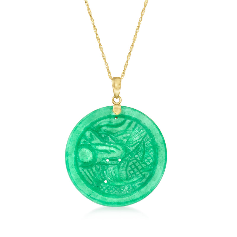 Carved jade pendant necklace in 14kt yellow gold, round green jade pendant with carved design