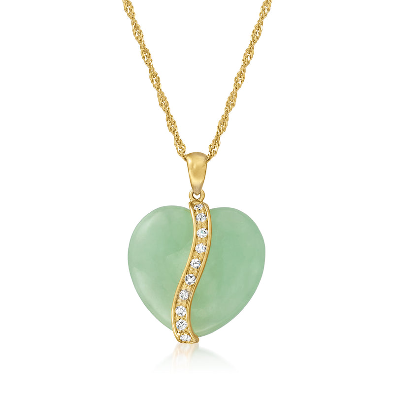 Gold heart pendant necklace with jade-green stone and white sapphire accents