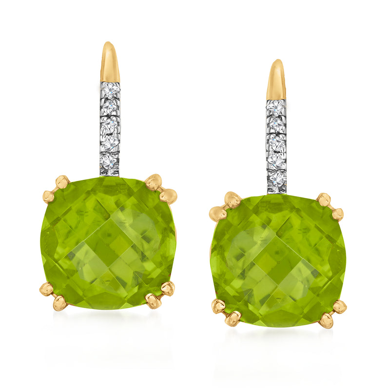 14kt yellow gold leverback drop earrings with large oval peridot and diamond accents