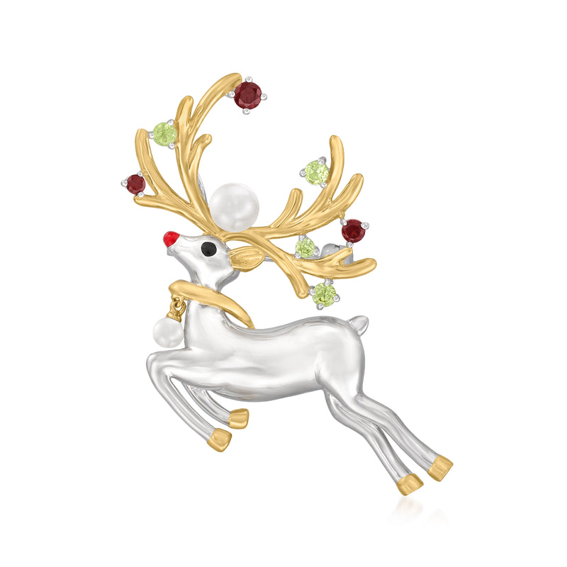 Two-tone reindeer pin with cultured pearl, red and green gemstones, and gold accents