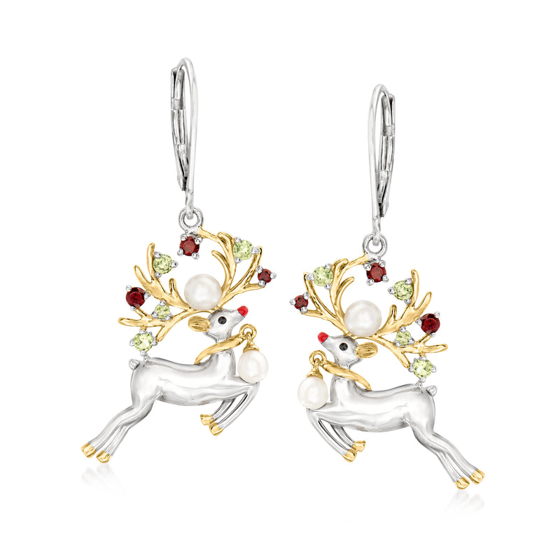 Two-tone reindeer drop earrings with cultured pearl heads and red/green gemstones, leverback