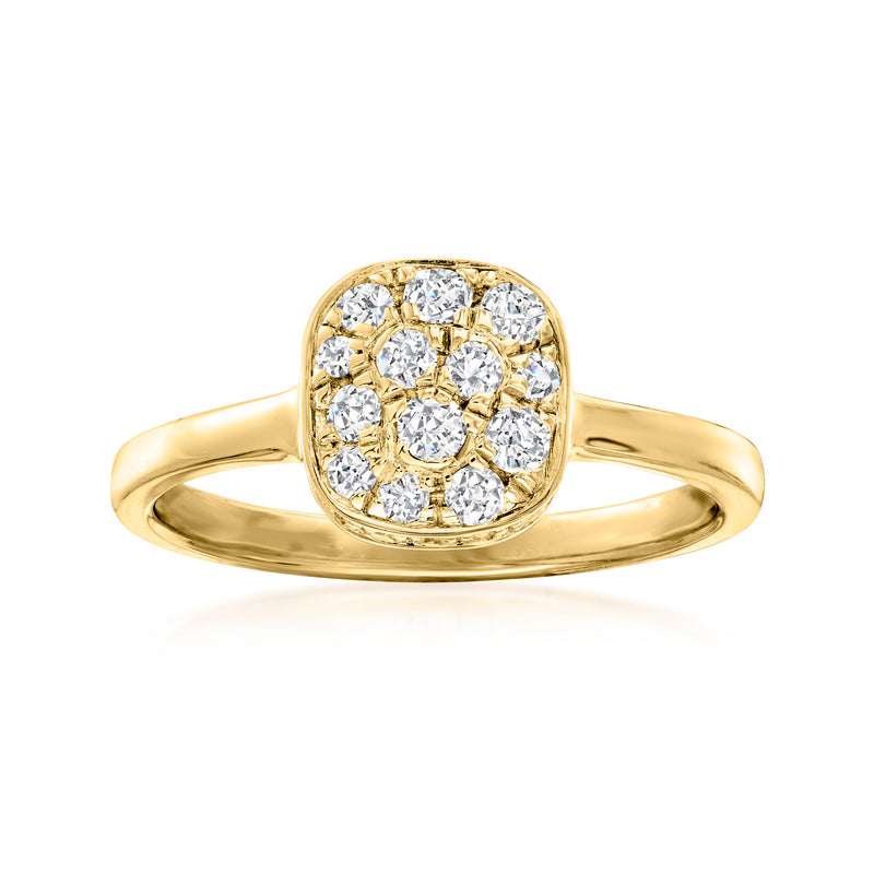 Gold diamond cluster ring with round halo and polished band