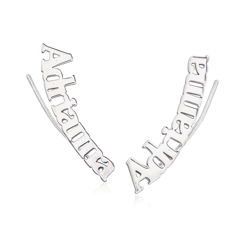 Sterling silver ear climber earrings with engraved lettering and open earwire backs