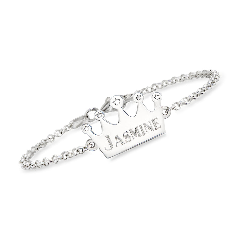Sterling silver crown bracelet with name tag 'Jasmine' and star cutouts