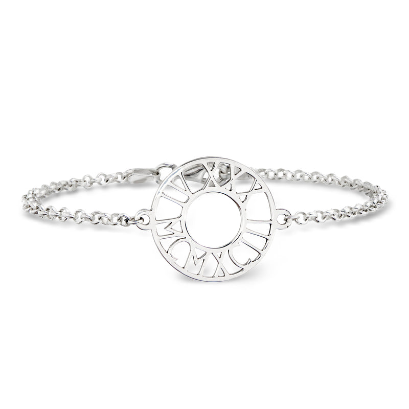 Sterling silver roman numeral date bracelet with round engraved disc and link chain