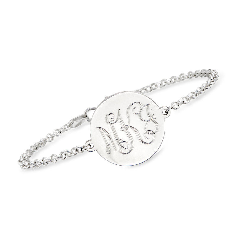 Sterling silver disc bracelet with engraved monogram, cable chain