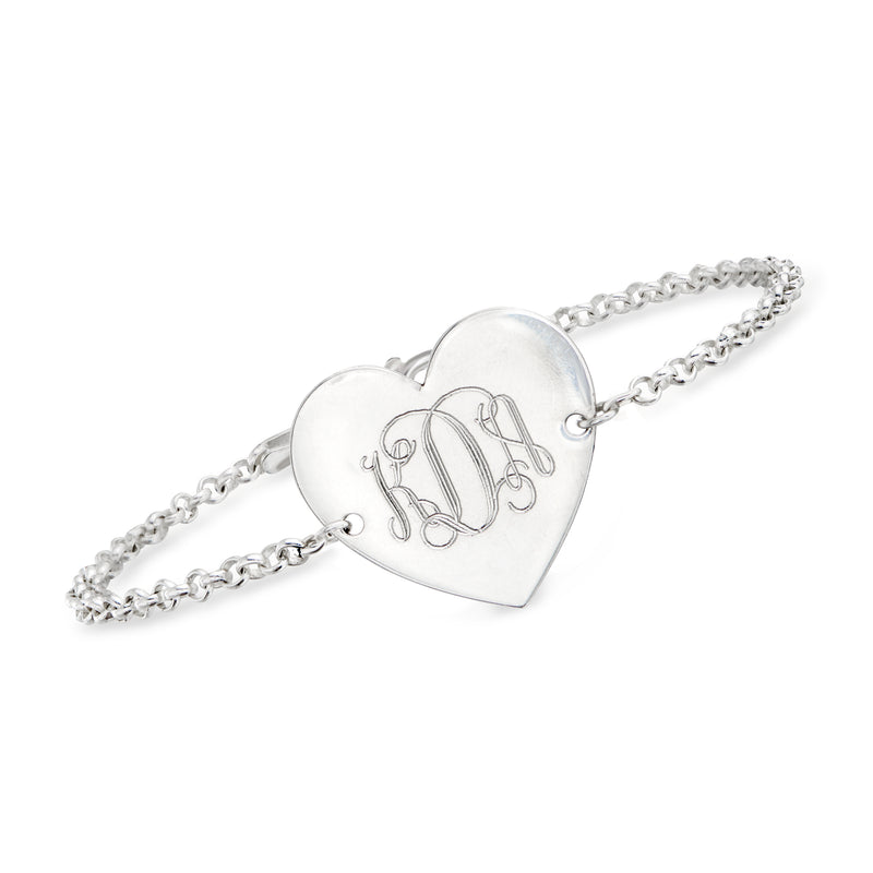 Sterling silver heart charm bracelet with engraved monogram initials
