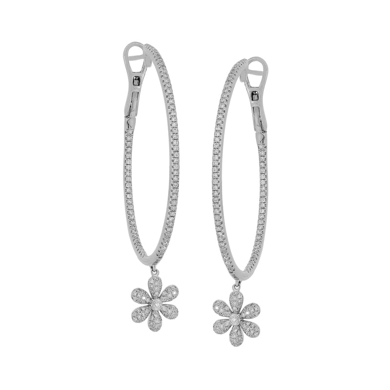 18kt white gold diamond hoop earrings with five-petal floral drops