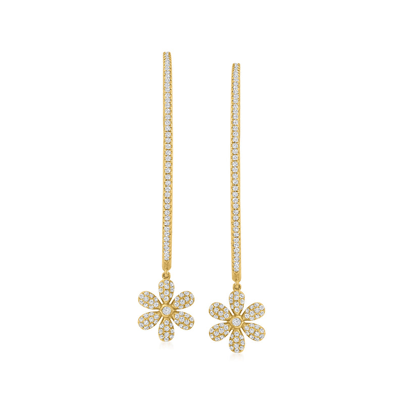 18kt yellow gold diamond floral hoop earrings with dangling flower charms