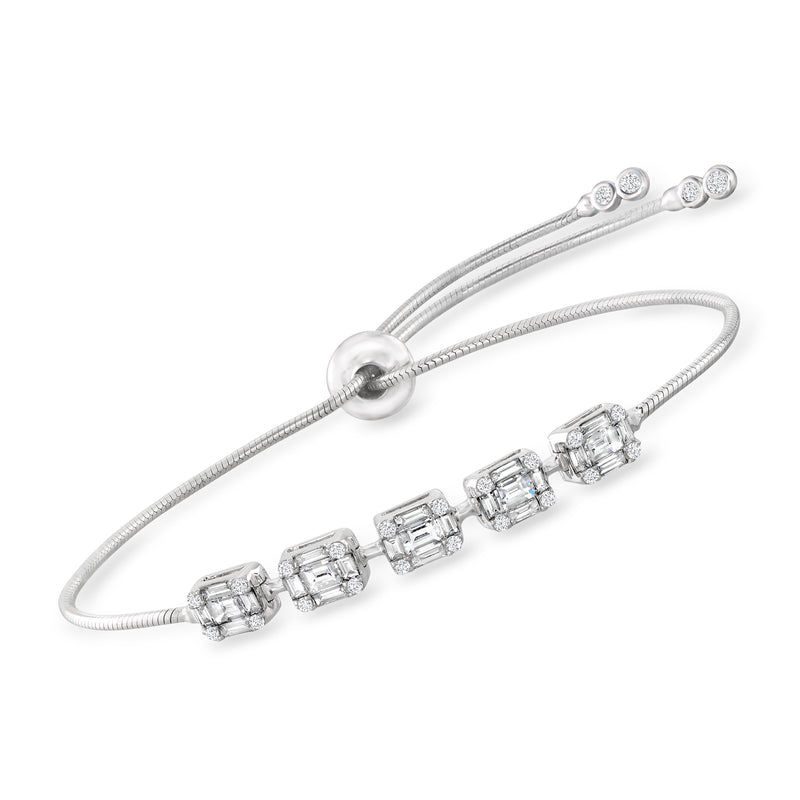 18kt white gold diamond bolo bracelet with rectangular cluster links and adjustable cords