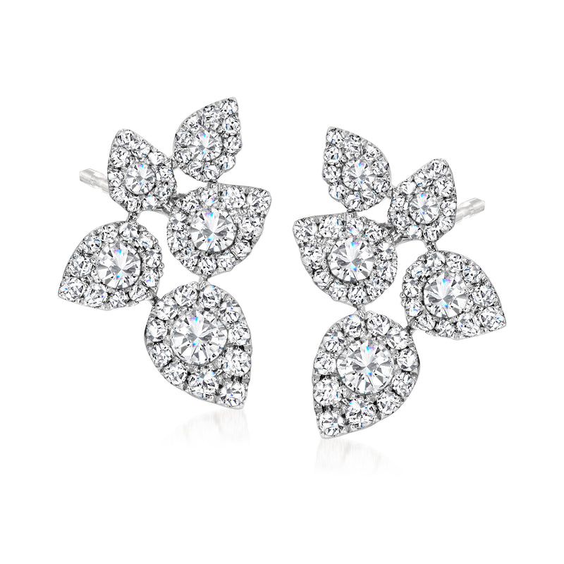 14kt white gold diamond floral cluster stud earrings, marquise and round stones