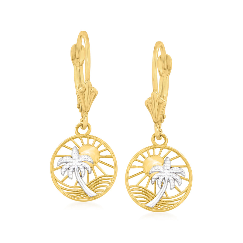 Two-tone 14kt gold leverback drop earrings with beach scene palm in round medallion