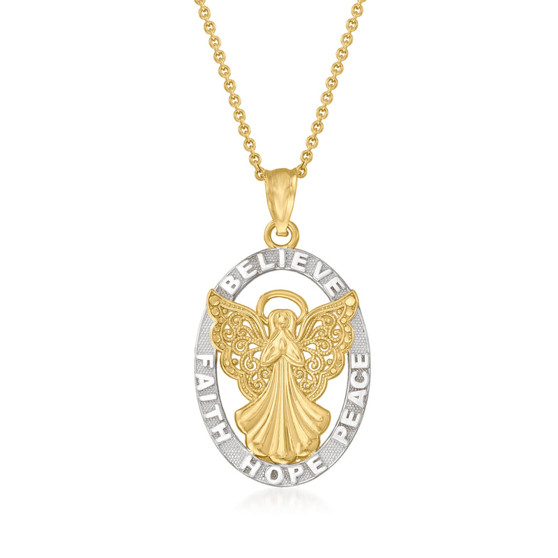 Two-tone 14kt gold angel pendant necklace with medallion and engraved faith words