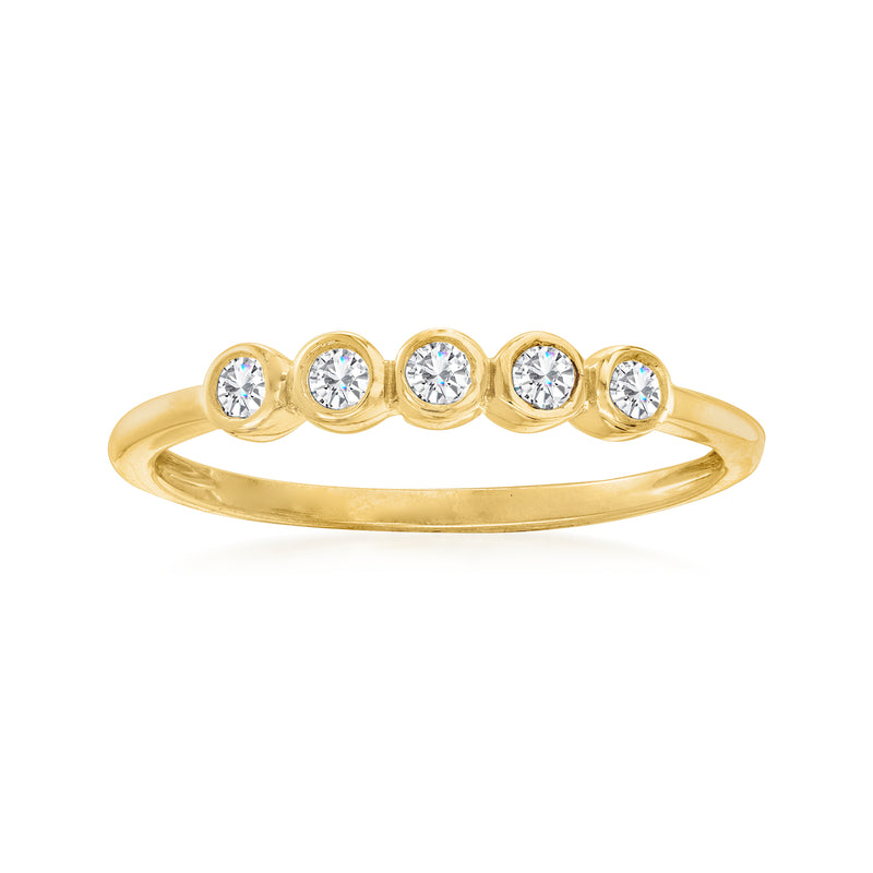 14k yellow gold bezel-set diamond ring with five round diamonds