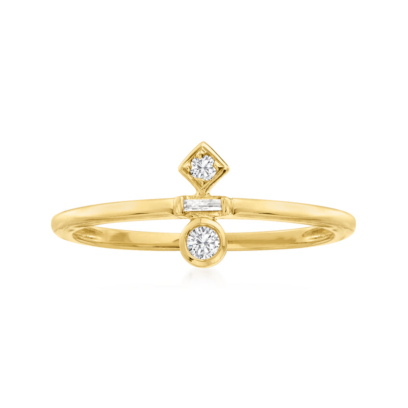 14kt yellow gold ring with diamond accents, featuring a center square and round stones