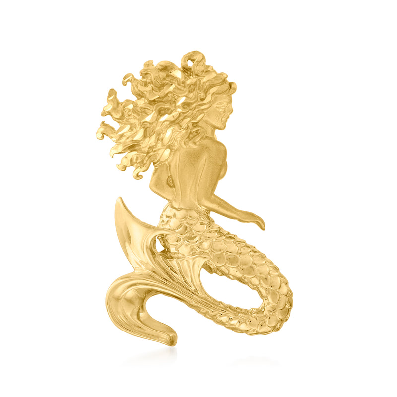 14kt yellow gold mermaid slide pendant with textured scales and side profile silhouette
