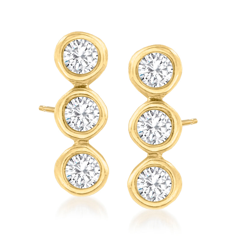 14kt yellow gold post earrings with three round diamond clusters in linear circles
