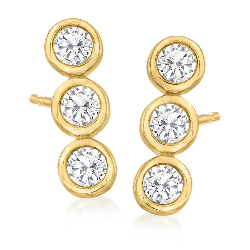 14kt yellow gold diamond drop post earrings with three round stones