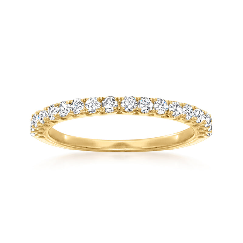 18k yellow gold diamond ring with round stones along the top and band
