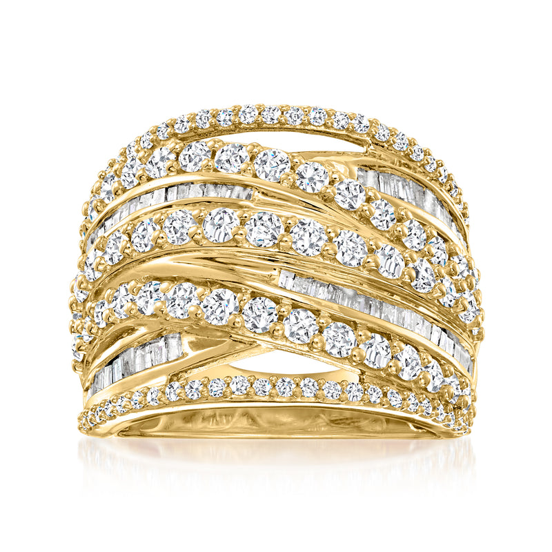 Gold multi-row diamond highway ring with channel-set stones and curved profile
