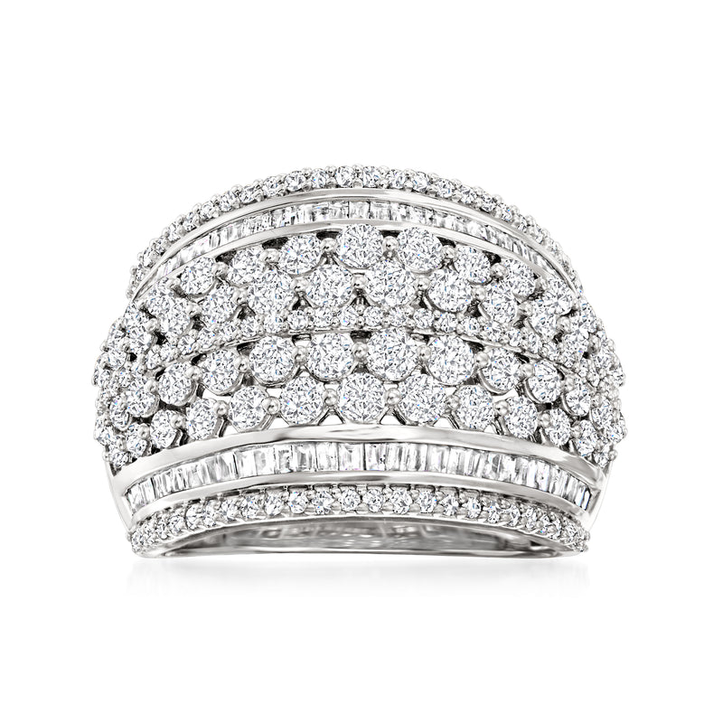 Sterling silver multi-row diamond ring with round and baguette-cut stones, domed design