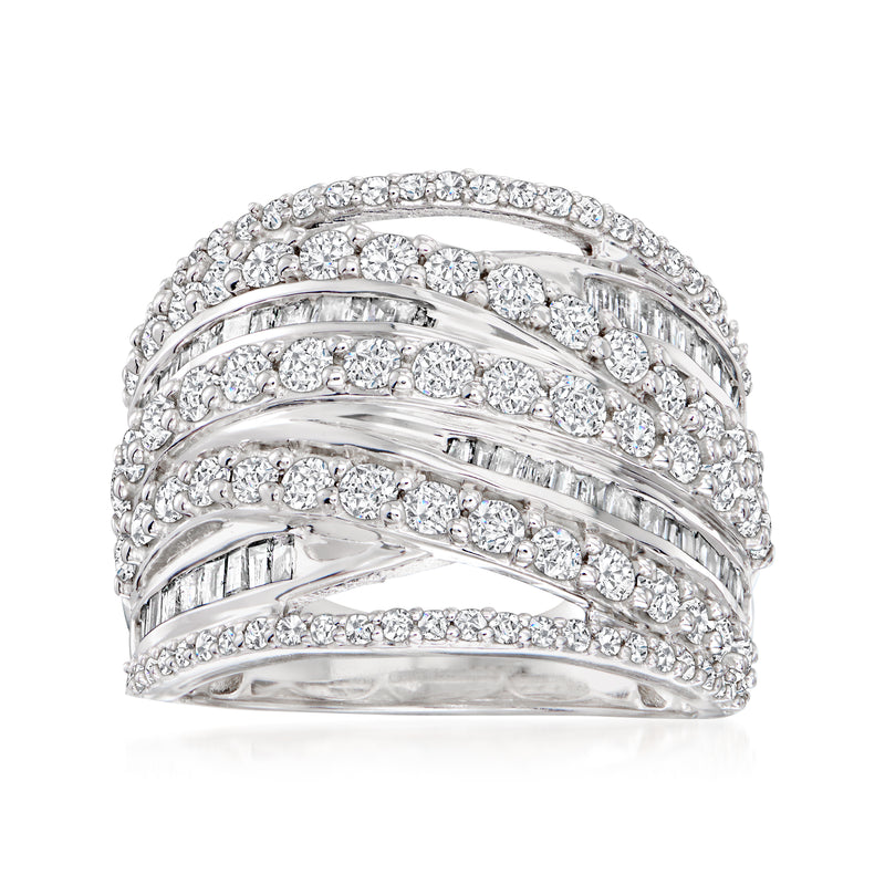 Sterling silver diamond highway ring with round and baguette stones, multi-row band