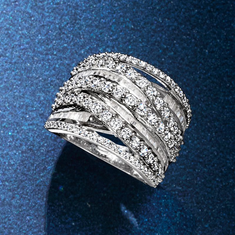 Sterling silver diamond highway ring, layered bands with round and baguette stones
