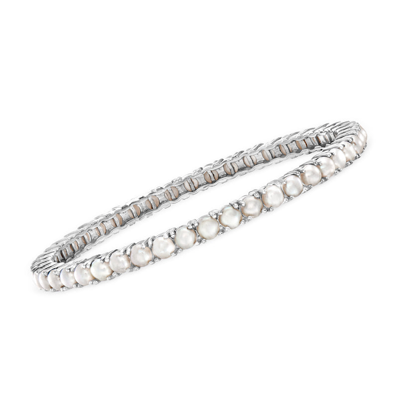 Sterling silver cultured pearl bangle bracelet with two rows of round pearls