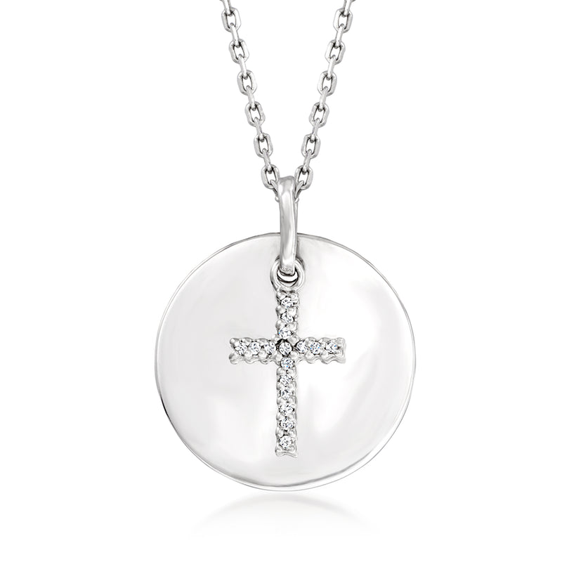 Sterling silver pendant necklace with round disc and diamond-accented cross center
