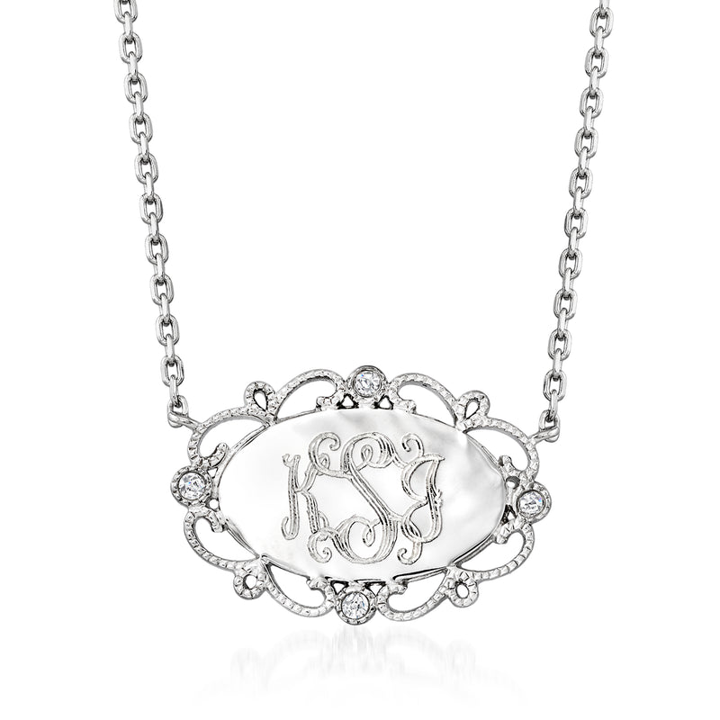 Sterling silver oval pendant necklace with monogram S and diamond accents, cable chain